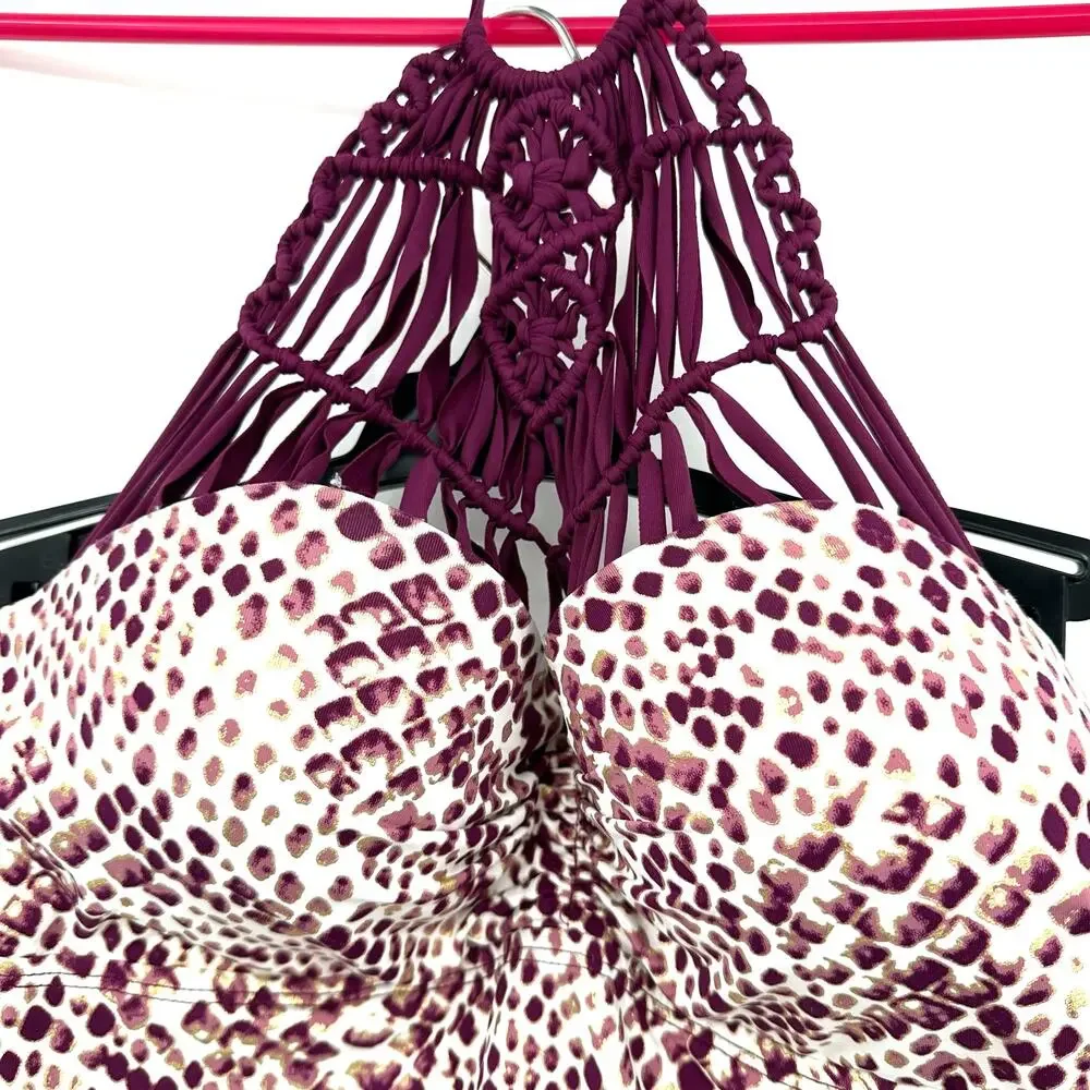 Ambrielle Size Large Swim‎ Top Animal Print Halter Top Built In Cup Tankini